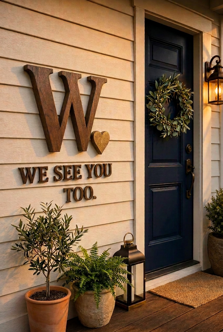 A cream clapboard front porch at golden hour, decorated with potted olive and fern plants, a jute doormat, and a glowing brass floor lantern. Carved dark walnut letters mounted on the wall form a large W with a small antique-gold wooden heart at its lower right, and beneath them the words WE SEE YOU TOO. A closed deep navy front door with a green olive-leaf wreath stands to the right beneath a warm brass sconce.